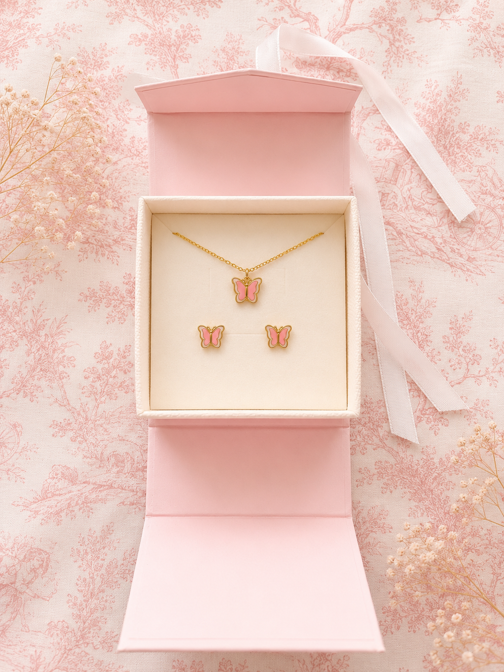 Butterflies Pink & Gold - necklace and earrings jewellery set