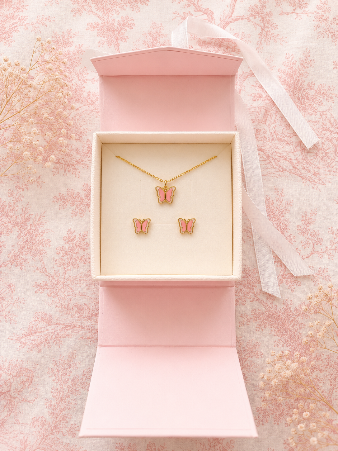 Butterflies Pink & Gold - necklace and earrings jewellery set