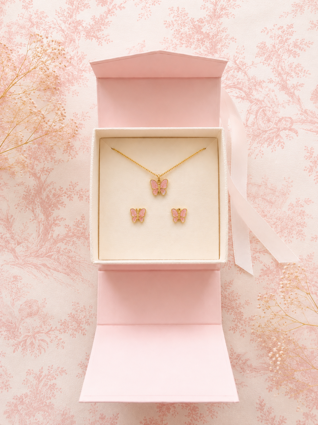 Butterflies Pink - necklace and earrings jewellery set