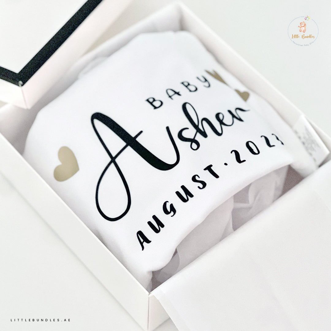 personalised baby onesie with name and coming soon date