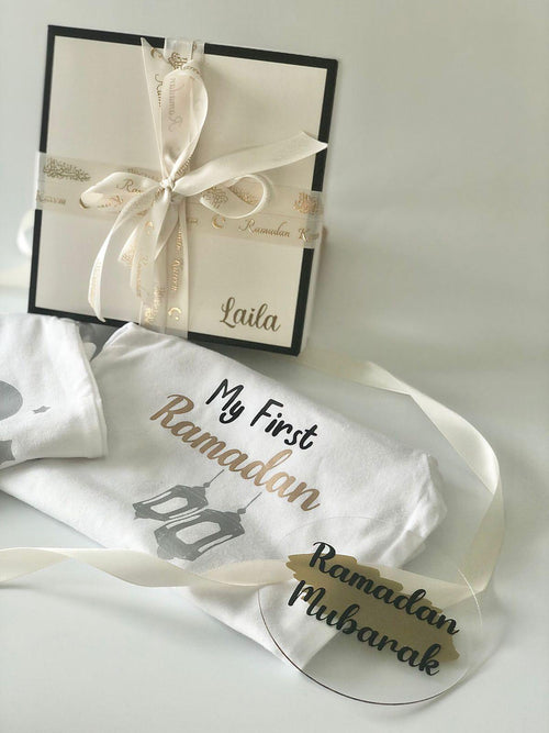 my first ramadan onesie gift box with ramadan mubarak sign