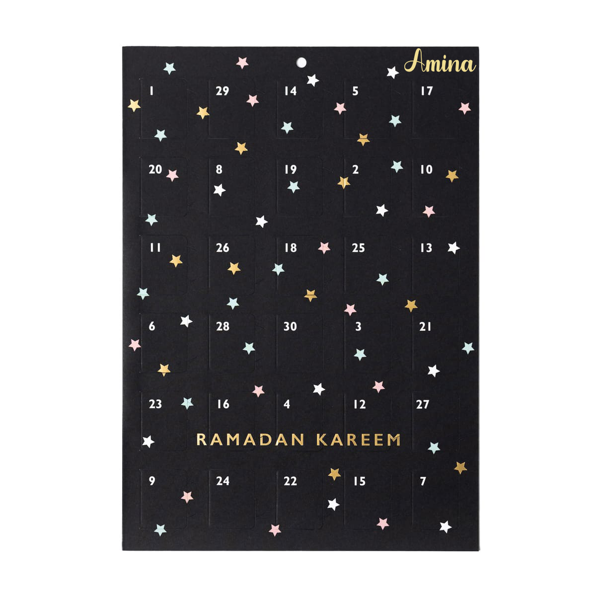 ramadan good deeds calendar night sky design with personalisation in top right corner